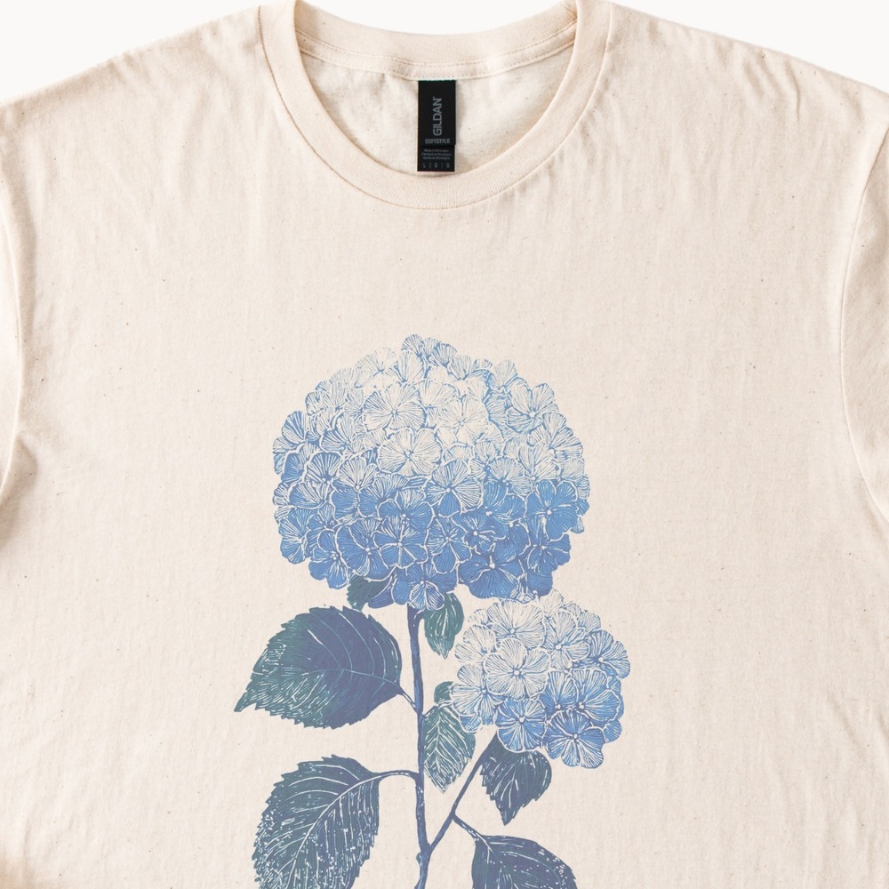 Blue Hydrangea Botanical Graphic Tee Wildflower Line Art